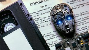 An AI generated photo of a VHS cassette tape beside digital AI chip, on top of legal documentation.